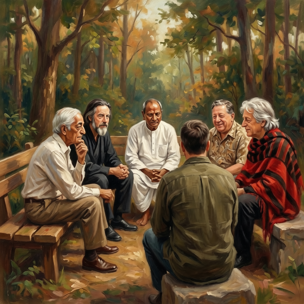 T.J. Kelley in conversation with his philosophical influences—Krishnamurti, Alan Watts, Nisargadatta Maharaj, Joel Goldsmith, and Stuart Wilde—seated together in a forest clearing. T.J. is shown from behind, engaged as an equal in the circle. Oil painting, impressionist style.