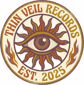 Circular vintage-style logo for Thin Veil Records. A mystical eye surrounded by sun rays in burnt orange, gold, and dusty purple against cream. "Thin Veil Records" arcs across the top, "Est. 2025" at bottom. 1970s psychedelic aesthetic with aged texture